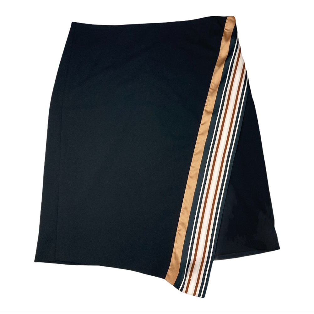 DKNY Black Midi Skirt with Tan and White Stripe Detail